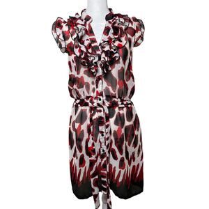 Susie Rose Women's Sz 11/13 Attached Belt Ruffles Sheer Fabric Button Up Dress